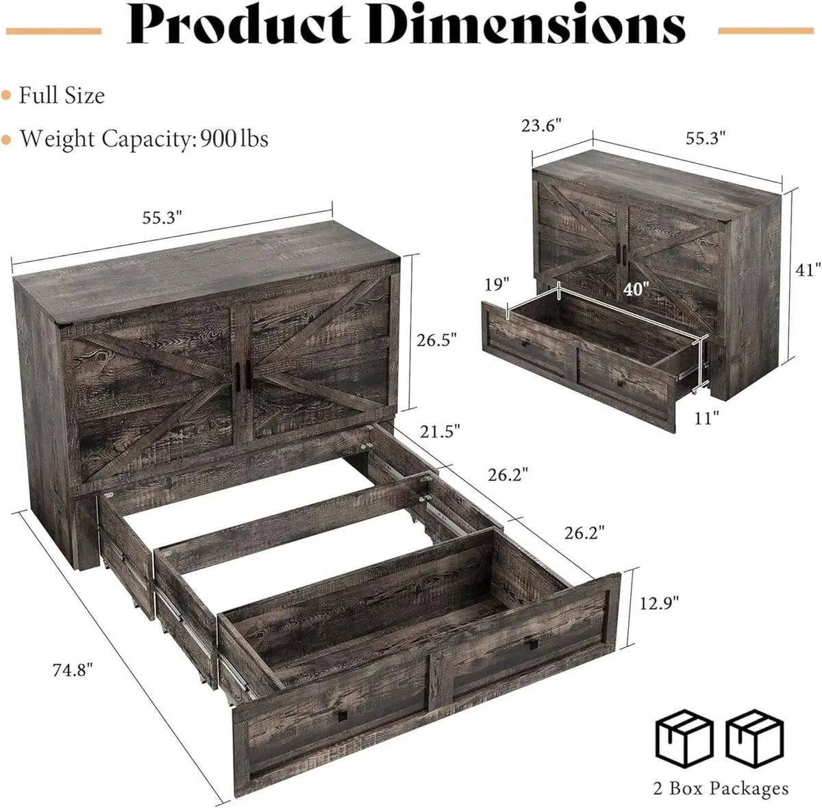 Black Oak Murphy Bed Cabinet With USB Charging Station Queen Size from PriceLows™