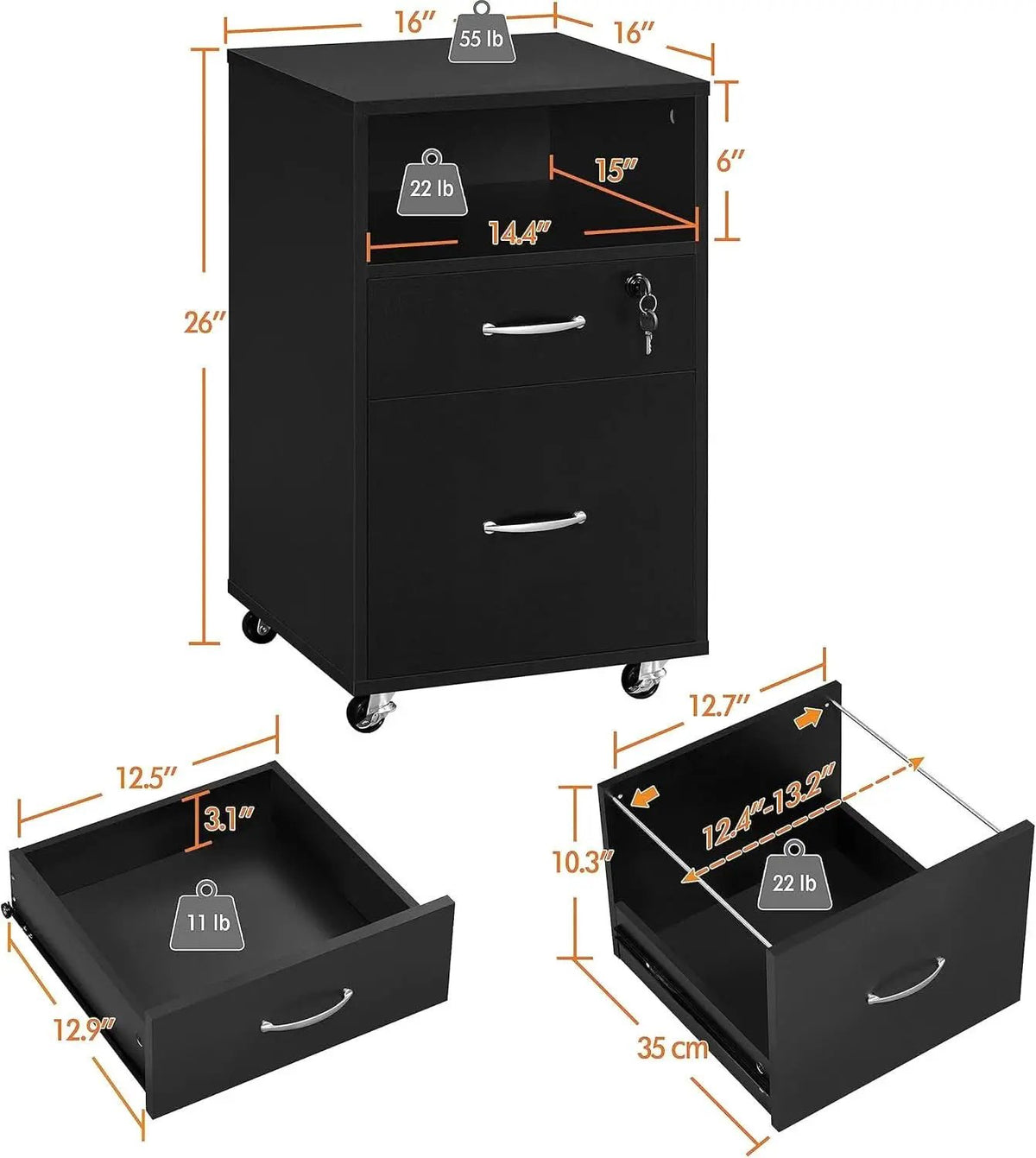 Black Under Desk File Cabinet 2 Drawers Lockable Wheels from PriceLows™