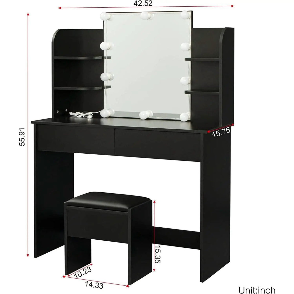 Black Vanity Set With 10 Lights For Bedroom Storage from PriceLows™