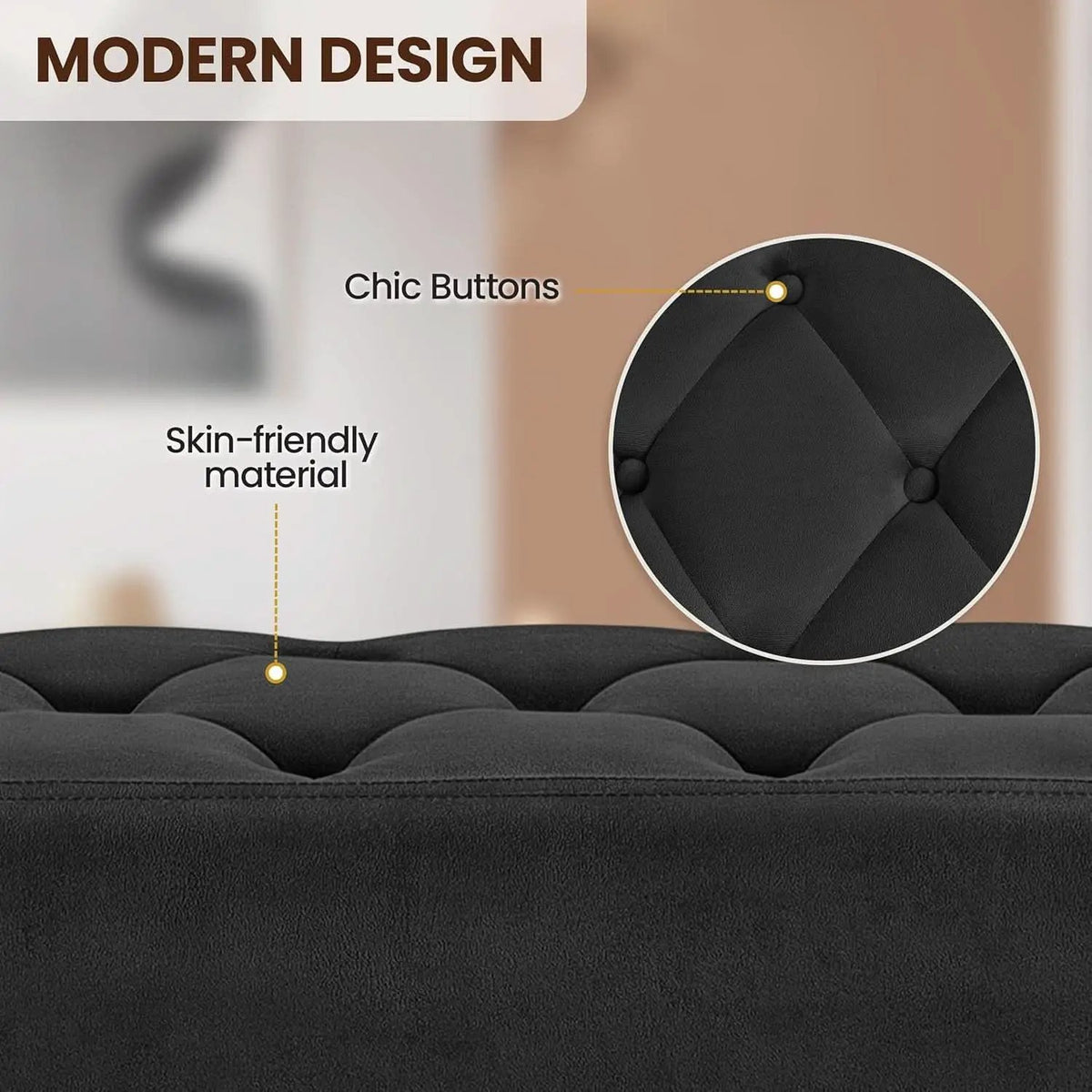 Black Velvet Upholstered Ottoman Bench Golden Legs from PriceLows™