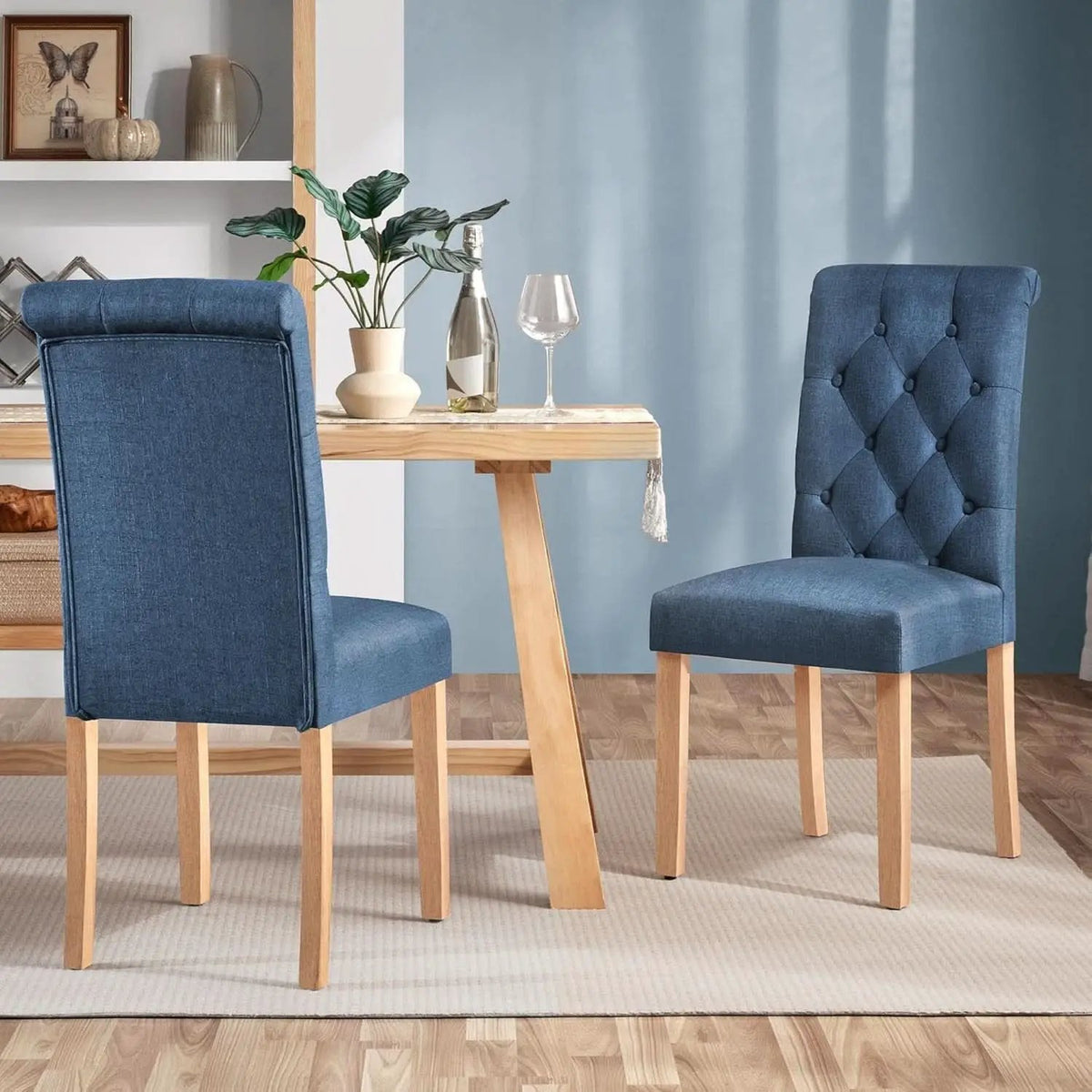 Blue Button Tufted Dining Chairs Set Of 2 With Solid Wood Legs from PriceLows™
