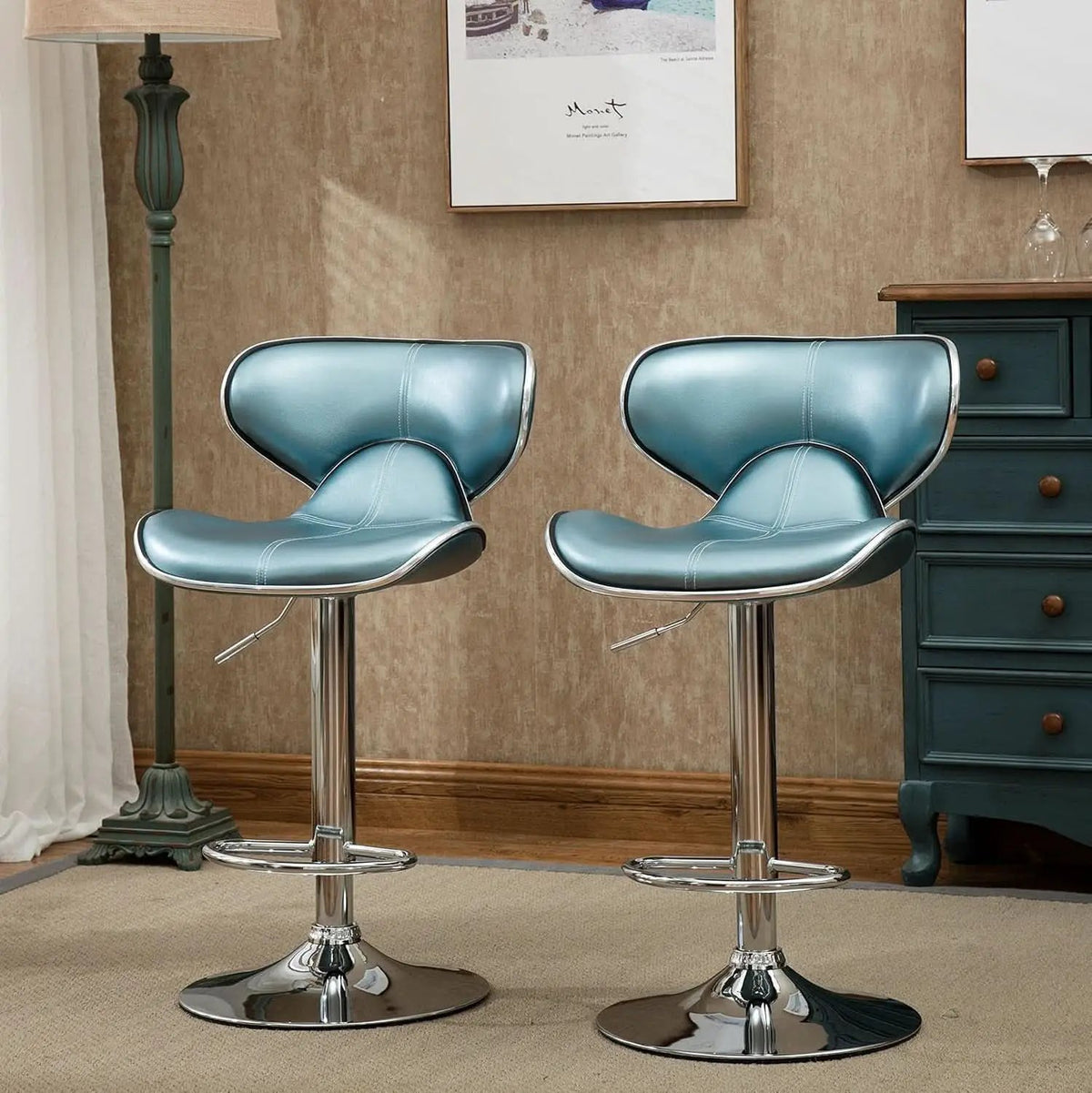 Blue Cushioned Leatherette Barstools Set Of 2 With Airlift Height And Swivel from PriceLows™
