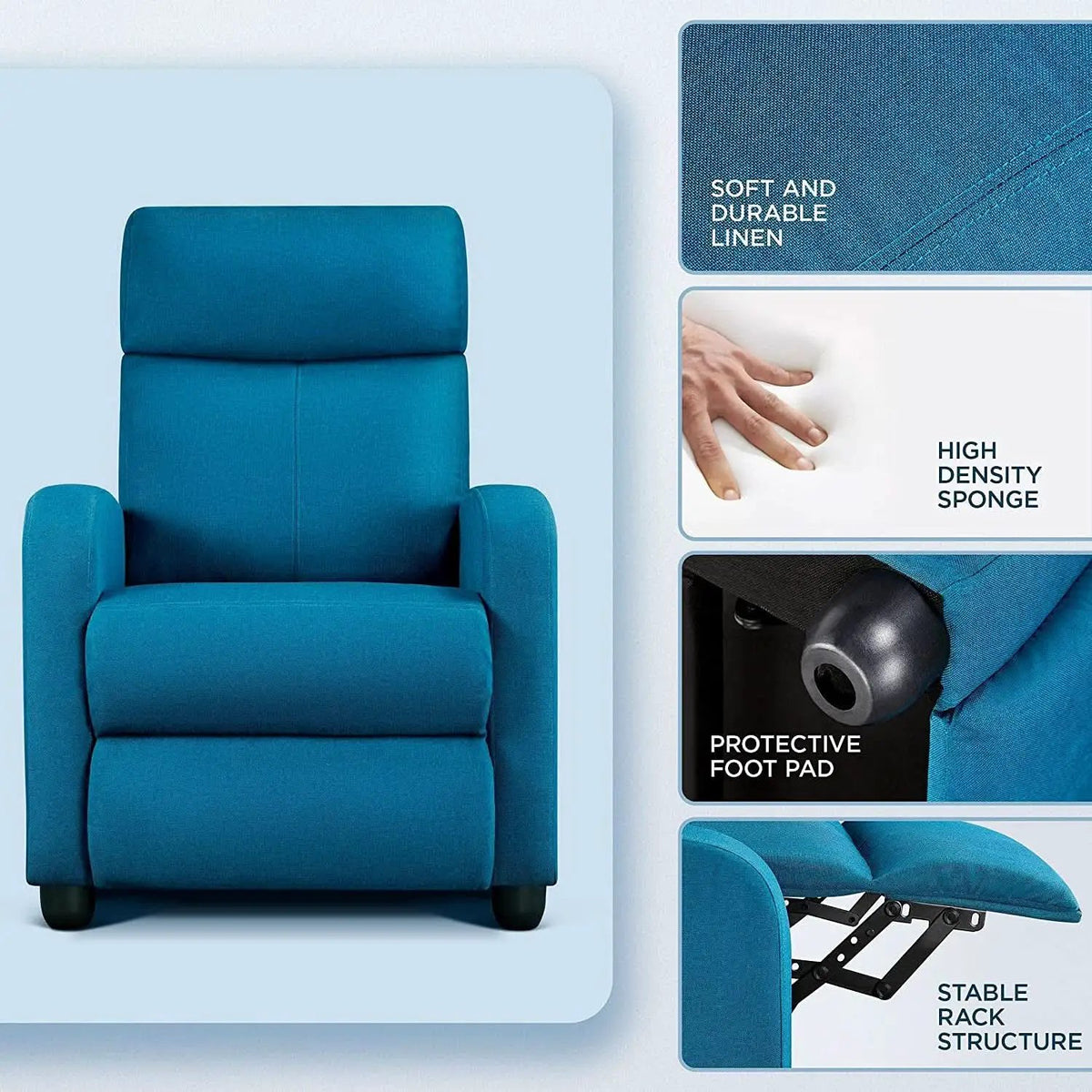 Blue Fabric Pushback Recliner Chair With Soft Armrests from PriceLows™