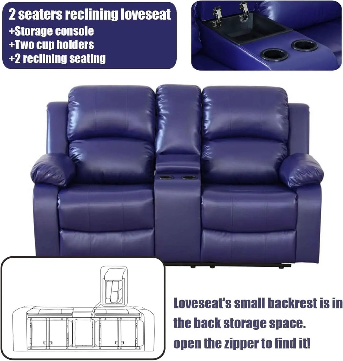 Blue Leather Reclining Sofa Set With Drop Table And Storage from PriceLows™