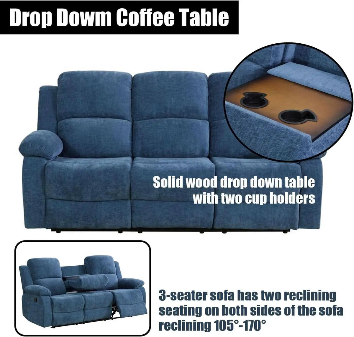 Blue Linen Recliner Sofa Set With Drop Down Table Storage from PriceLows™