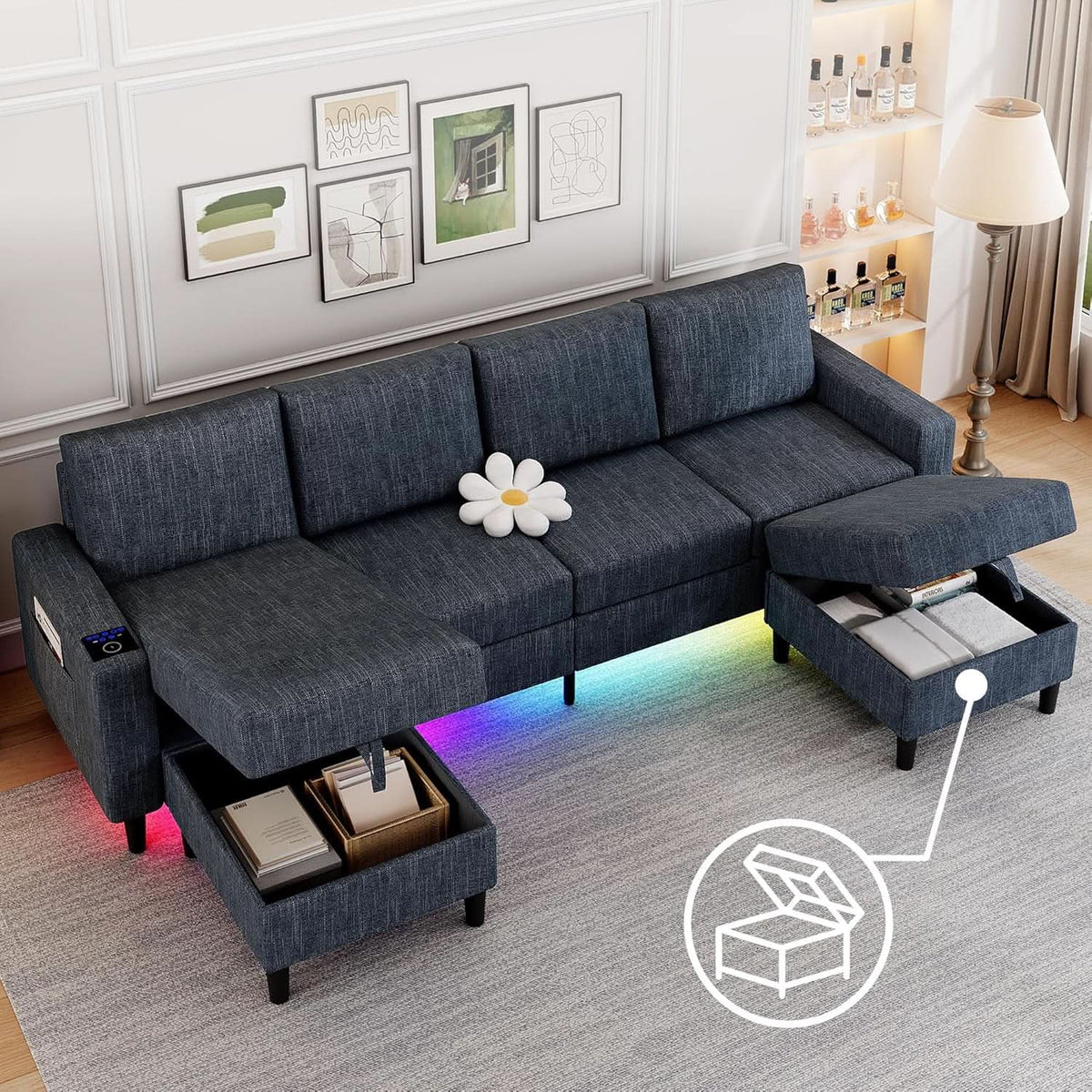 Blue Sectional Sofa With Reversible Chaise And Ottoman from PriceLows™