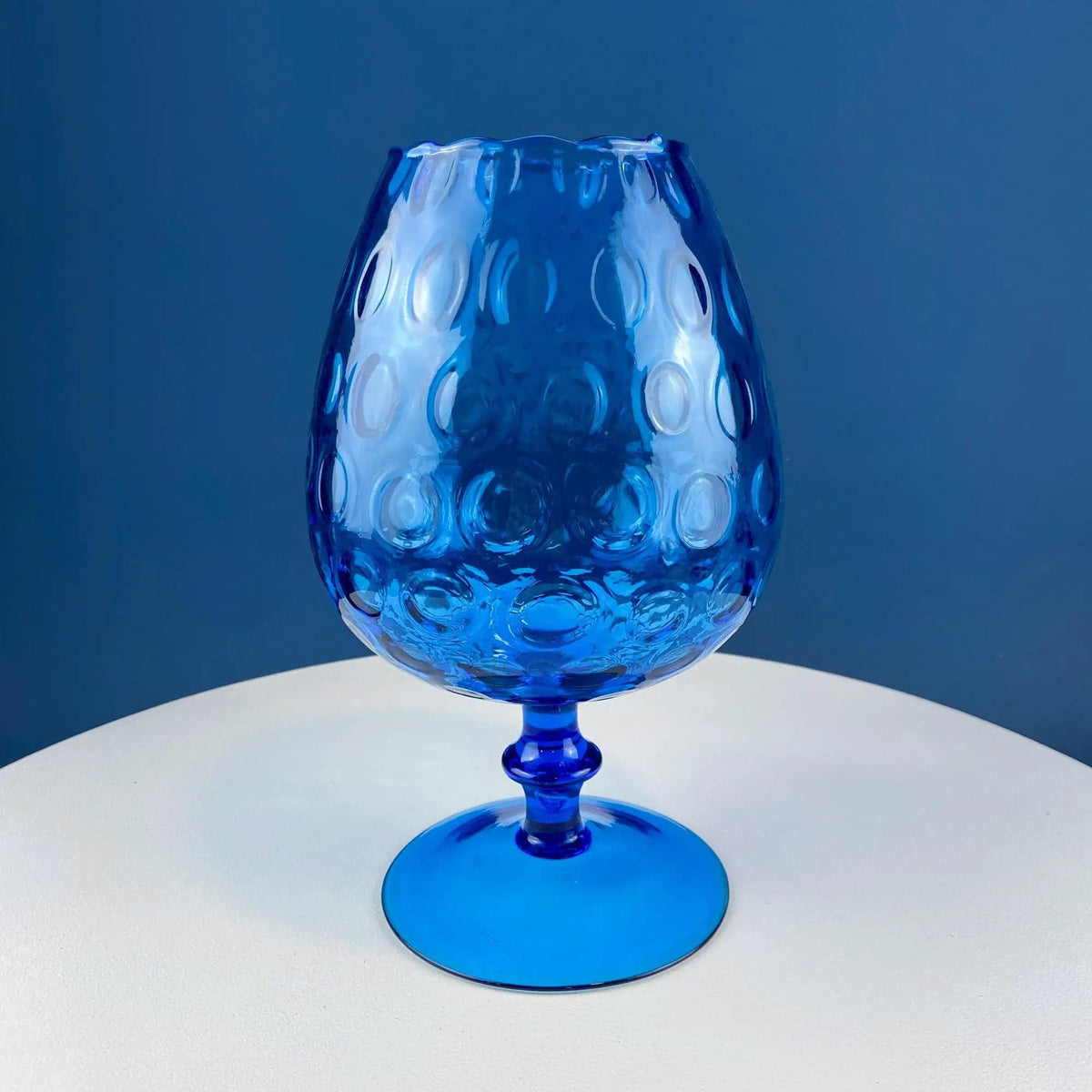 Blue Hand-Blown Glass Footed Vase | Large Goblet with Thumb Print Motif | Collectible Modern Glass | Collectors & Hosts