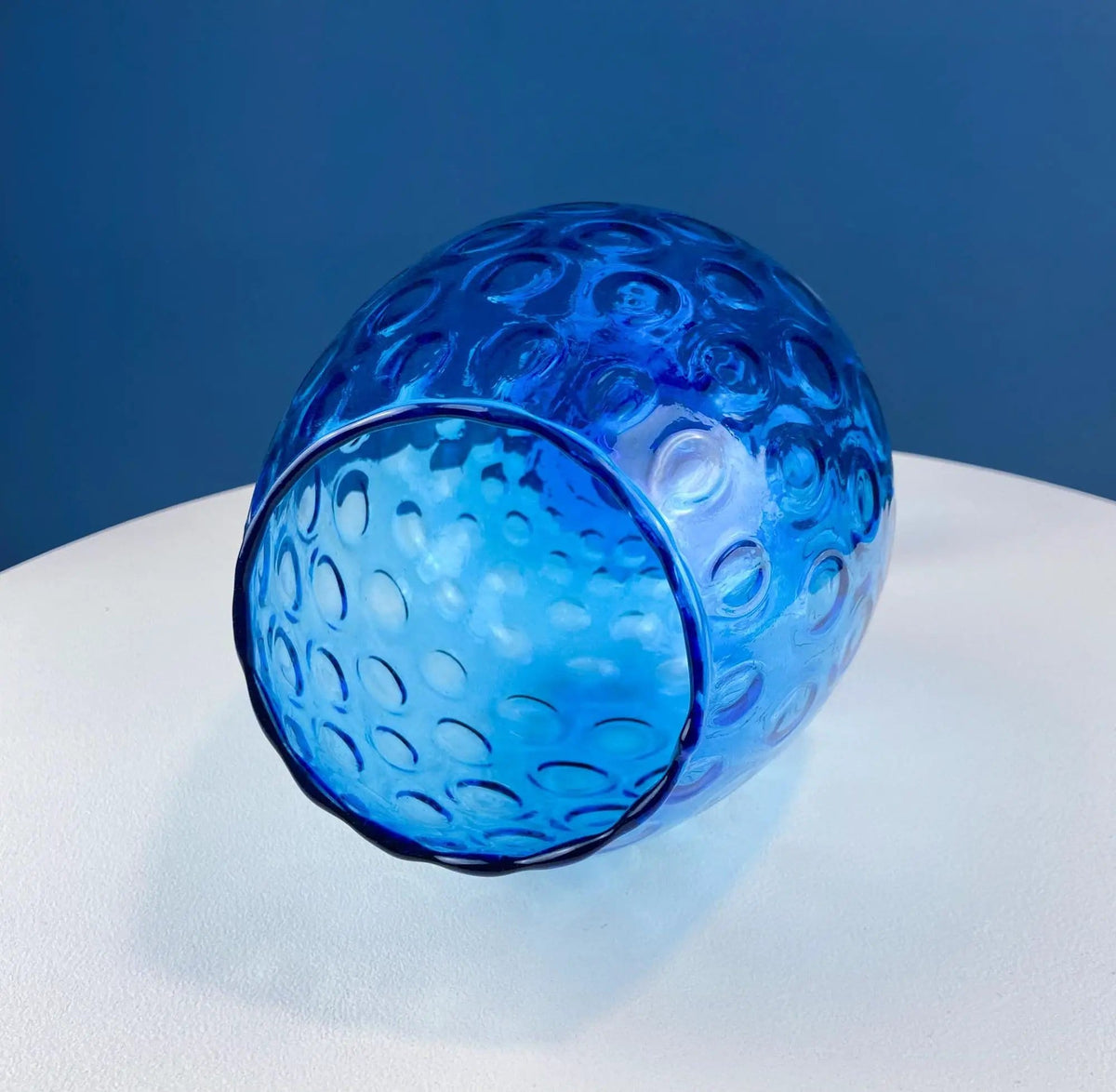 Blue Hand-Blown Glass Footed Vase | Large Goblet with Thumb Print Motif | Collectible Modern Glass | Collectors & Hosts