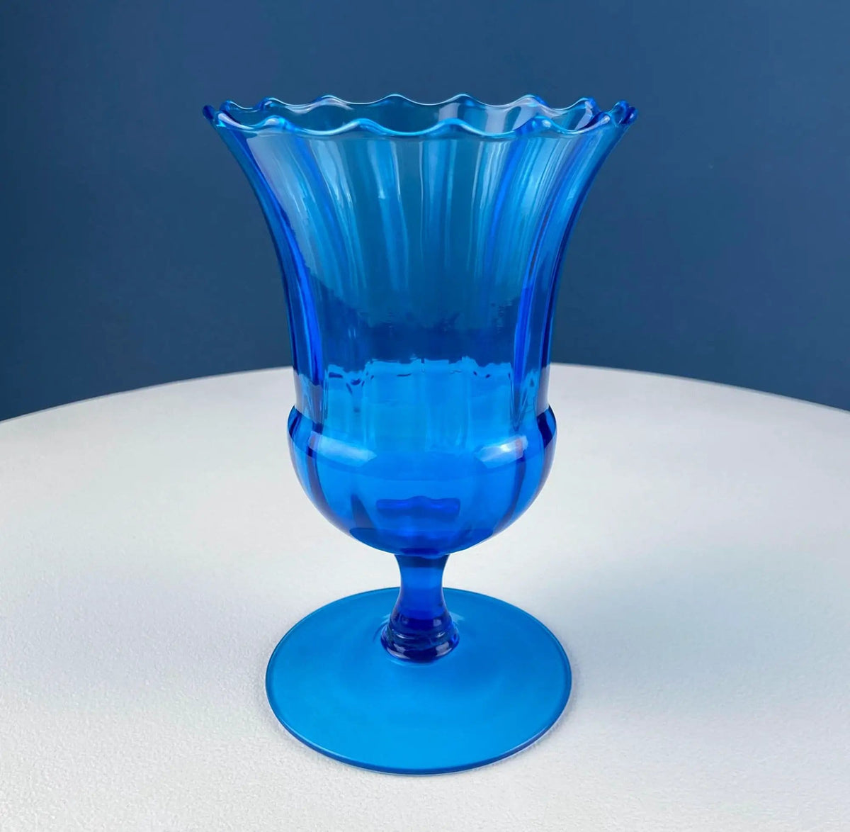 Blue Hand-Blown Glass Footed Vase (Style 2) | Large Goblet with Thumb Print Motif | Collectible Modern Glass | Collectors & Hosts