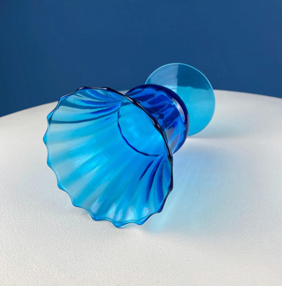 Blue Hand-Blown Glass Footed Vase (Style 2) | Large Goblet with Thumb Print Motif | Collectible Modern Glass | Collectors & Hosts