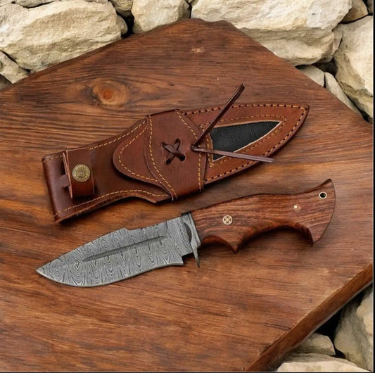 "Premium Bobcat Knife - Damascus Steel Blade with Rosewood Handle & Leather Case" | Damascus Steel | hunting Knife | Home
