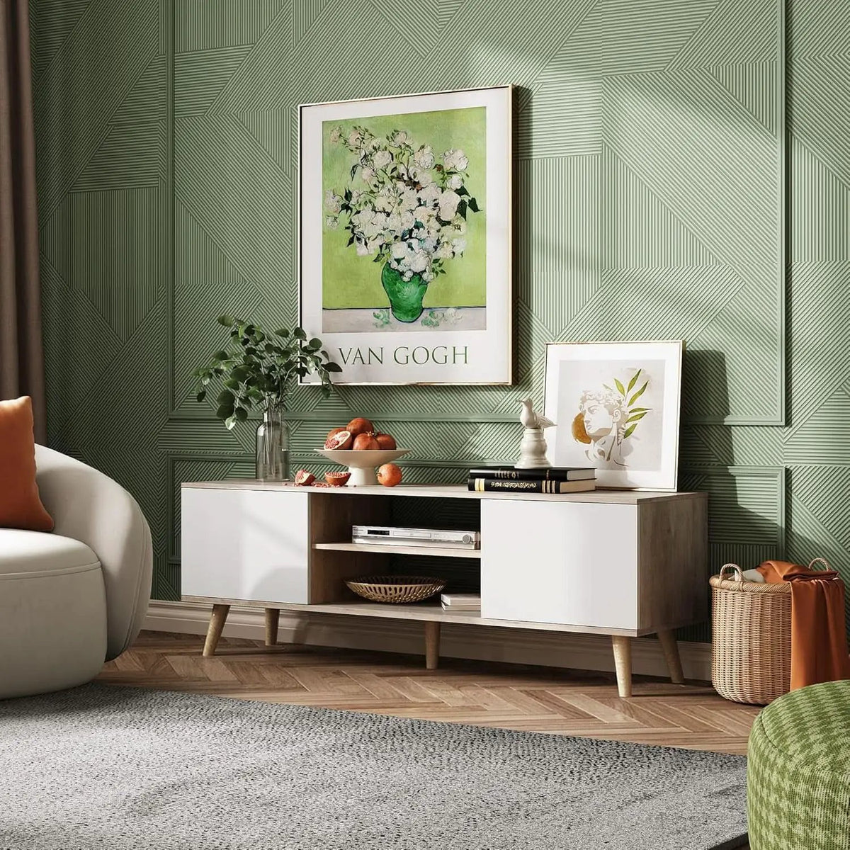 Boho TV Stand 55 To 60 Inch Greige White Sleek Design from PriceLows™
