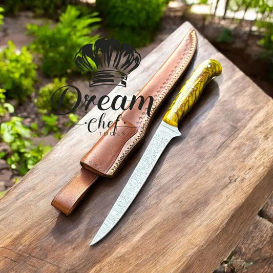 Boning Knife 13" Damascus Steel Blade with Yellow Cone Resin Handle & Leather Sheath | 13 Inch | Damascus Steel | Fillet Knife