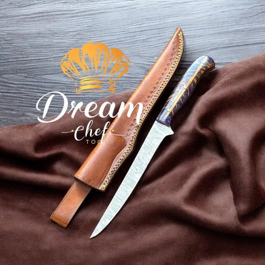 Boning Knives 13" Damascus Steel Blade with Purple Cone Resin Handle & Leather Sheath | 13 Inch | Damascus Steel | fillet fishing Knife