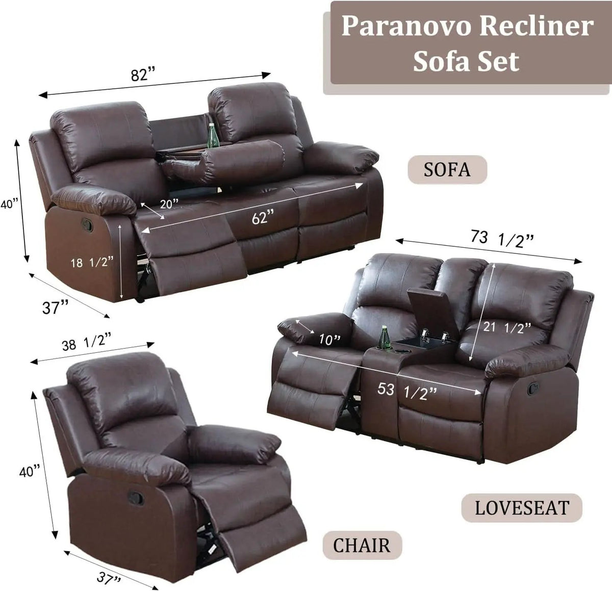 Brown 3 Piece Vegan Leather Recliner Sofa Set Cupholders from PriceLows™