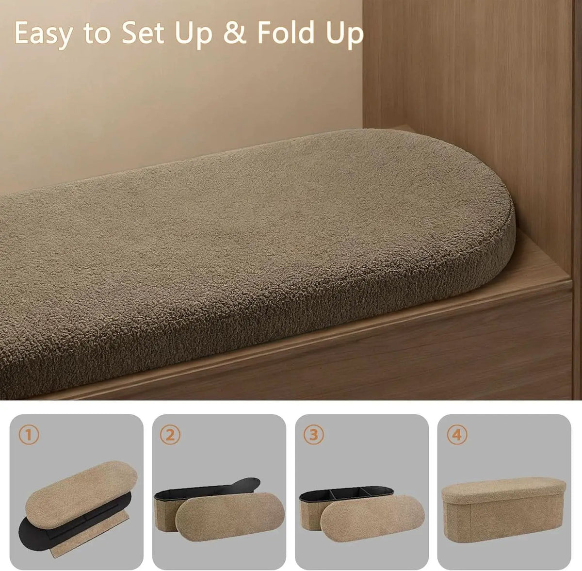 Brown 43 Inch Folding Storage Ottoman Sherpa Fabric from PriceLows™