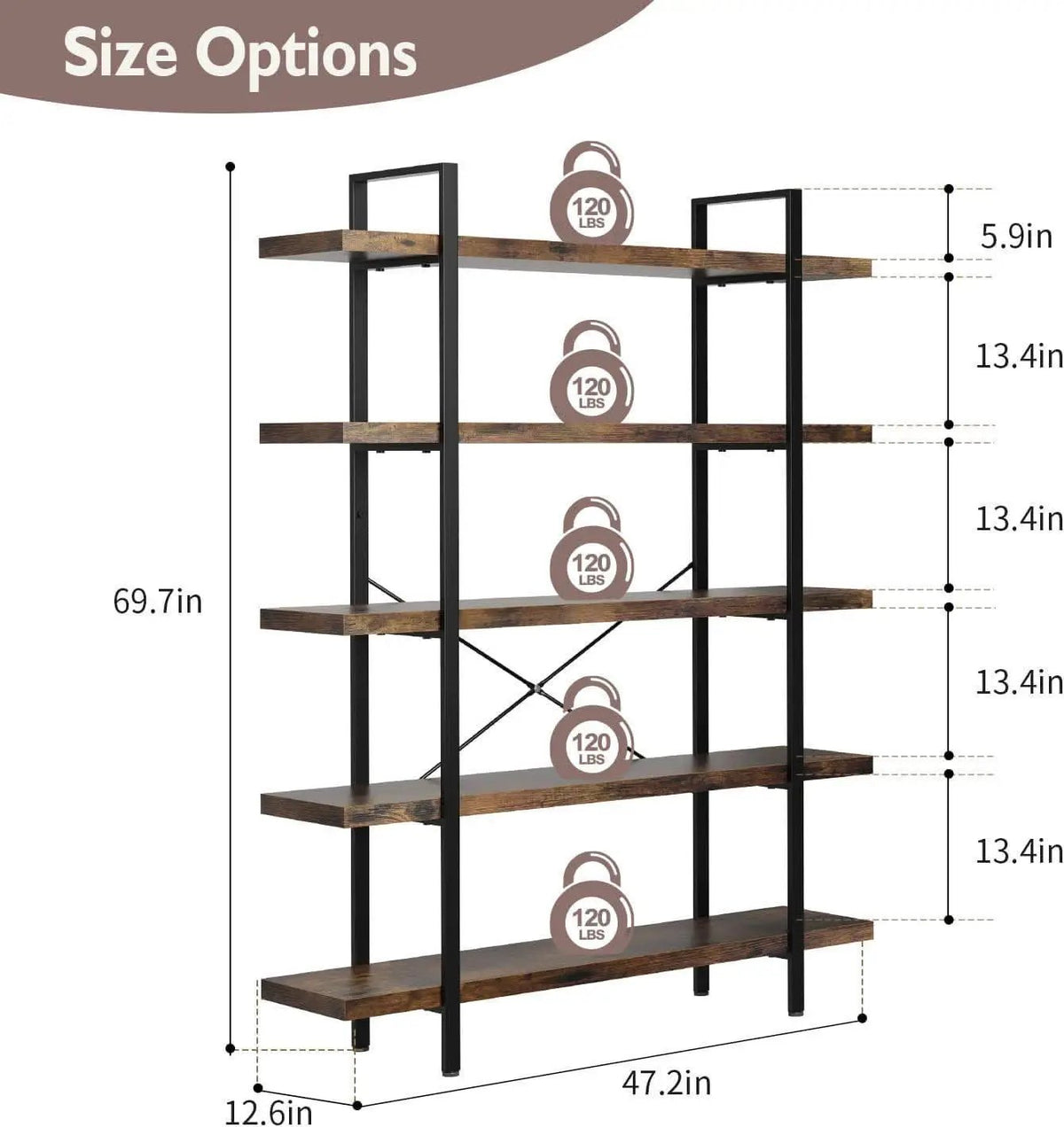 Brown 47 Inch Wide Industrial Bookcase Open Shelves from PriceLows™