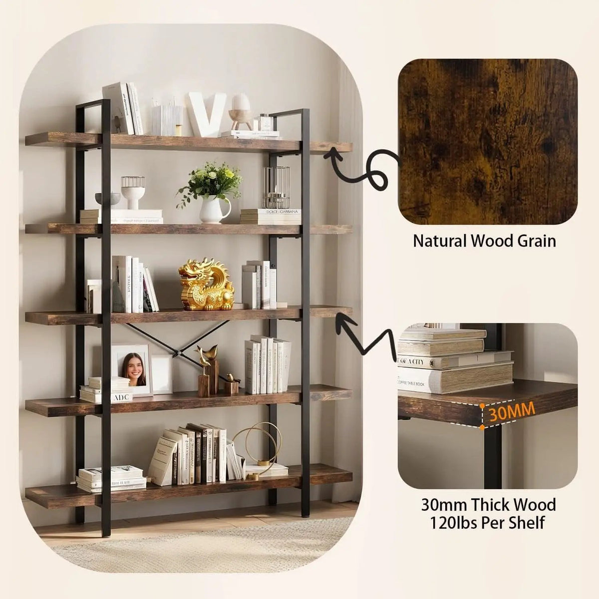 Brown 47 Inch Wide Industrial Bookcase Open Shelves from PriceLows™
