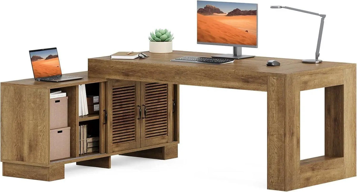 Brown 63 Inch Long L Shaped Desk With Sliding Cabinets from PriceLows™