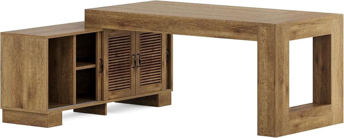 Brown 63 Inch Long L Shaped Desk With Sliding Cabinets from PriceLows™