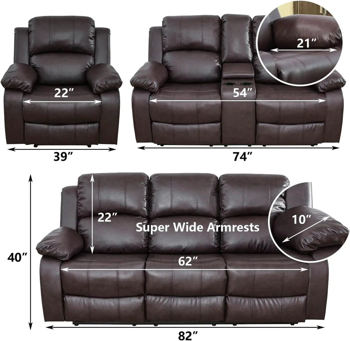 Brown Faux Leather Reclining Living Room Set Sofa Loveseat Chair from PriceLows™