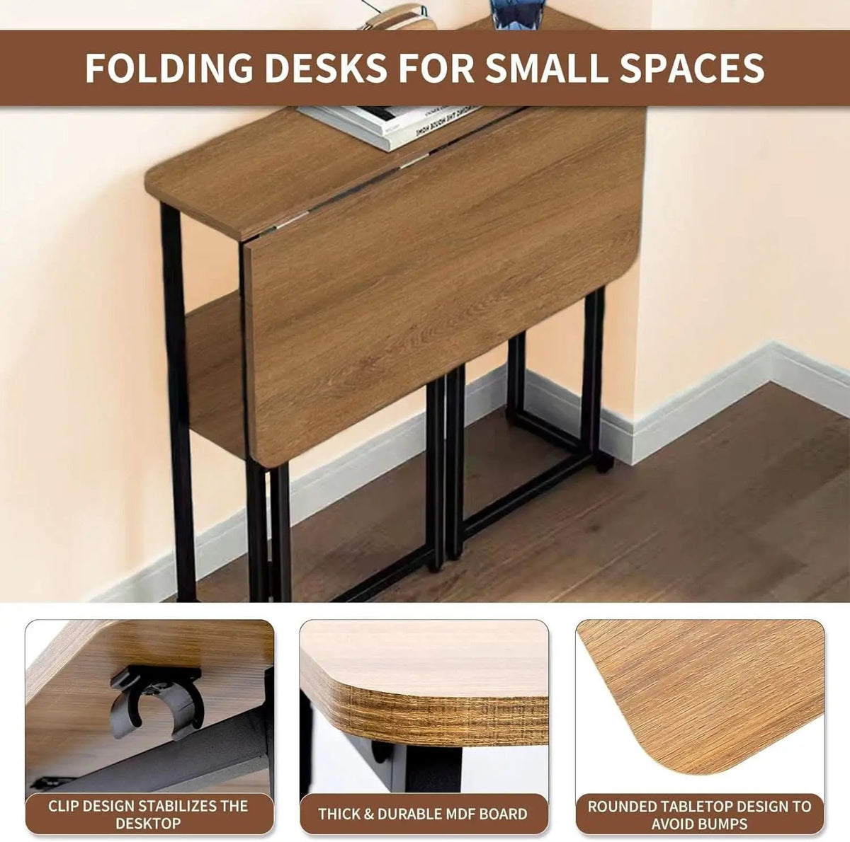 Brown Foldable Computer Desk With Wheels And Storage For Home Office from PriceLows™