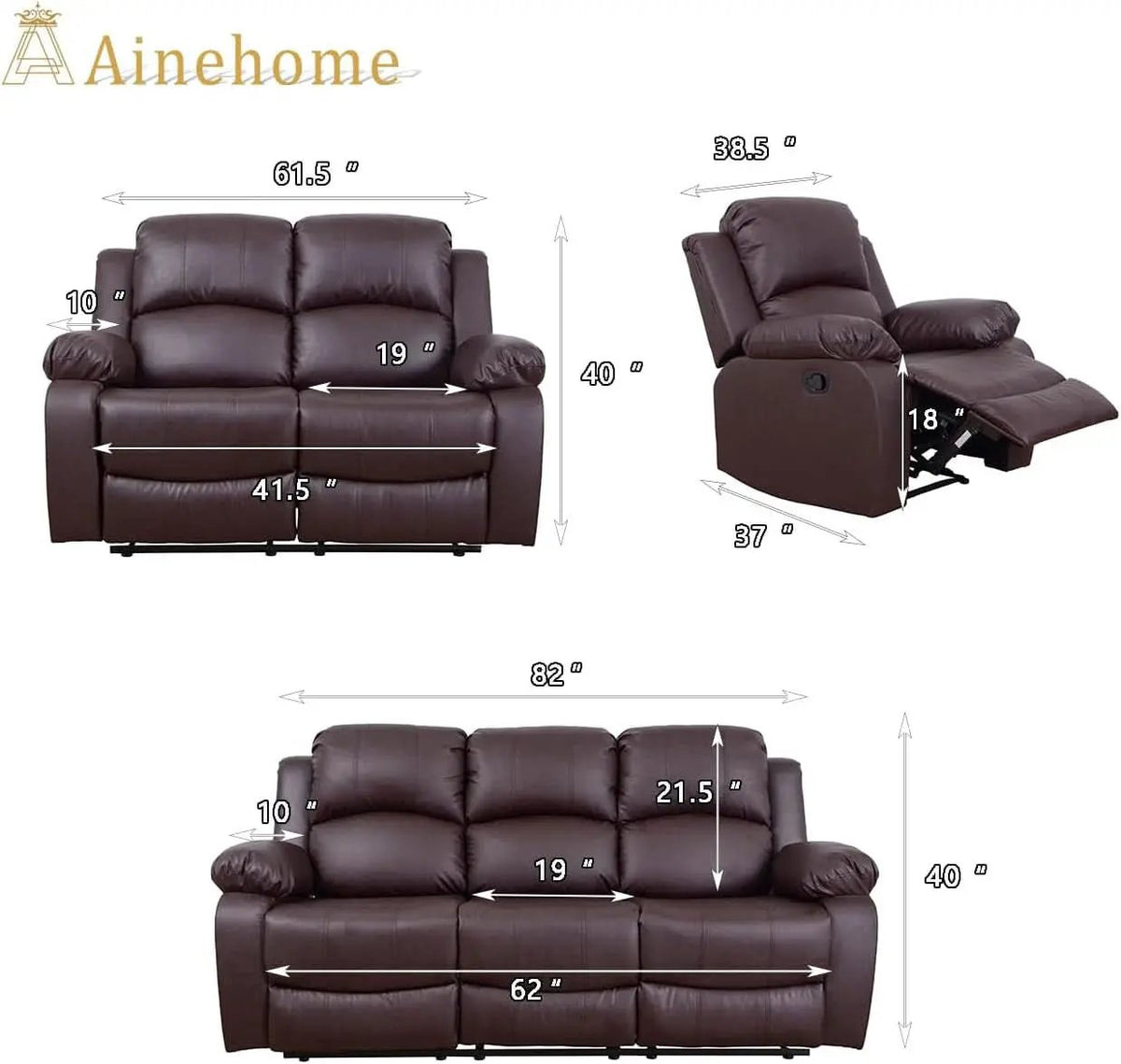 Brown Leather 3 Piece Recliner Sofa Living Room Set from PriceLows™