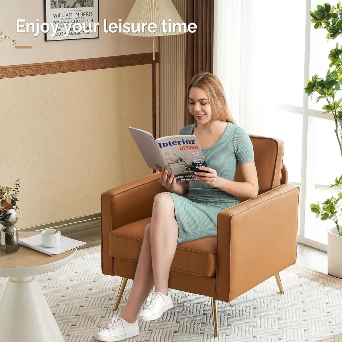 Brown PU Leather Accent Chairs Set Of 2 With Gold Legs from PriceLows™