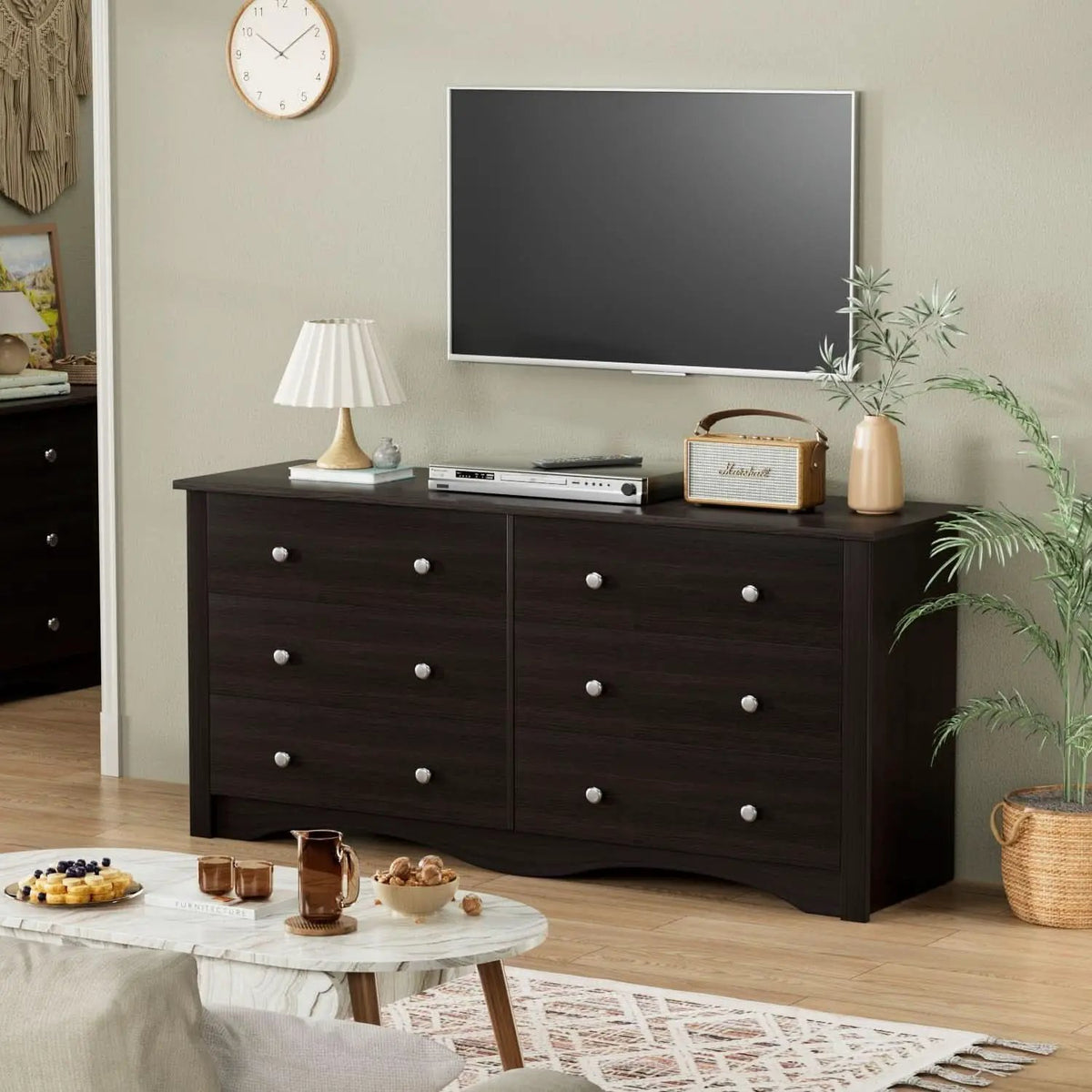 Brown Six Drawer Dresser And TV Stand Wide Wood Chest