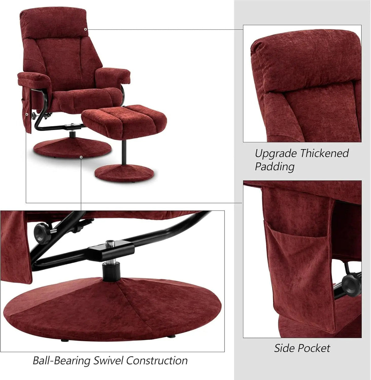 Burgundy Swivel Recliner With Ottoman Massage For RV from PriceLows™