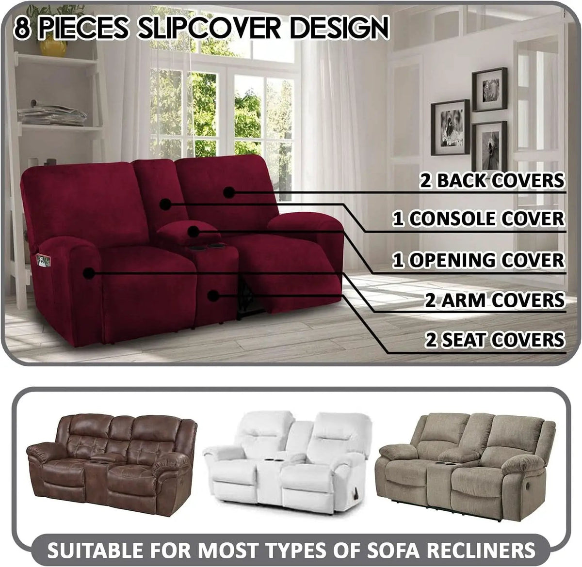 Burgundy Velvet Reclining Loveseat Slipcover Set 2 Seater Machine Washable from PriceLows™