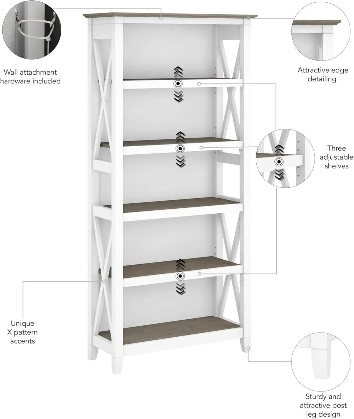Bush Furniture Key West 66 Inch Bookcase Shiplap Gray White from PriceLows™