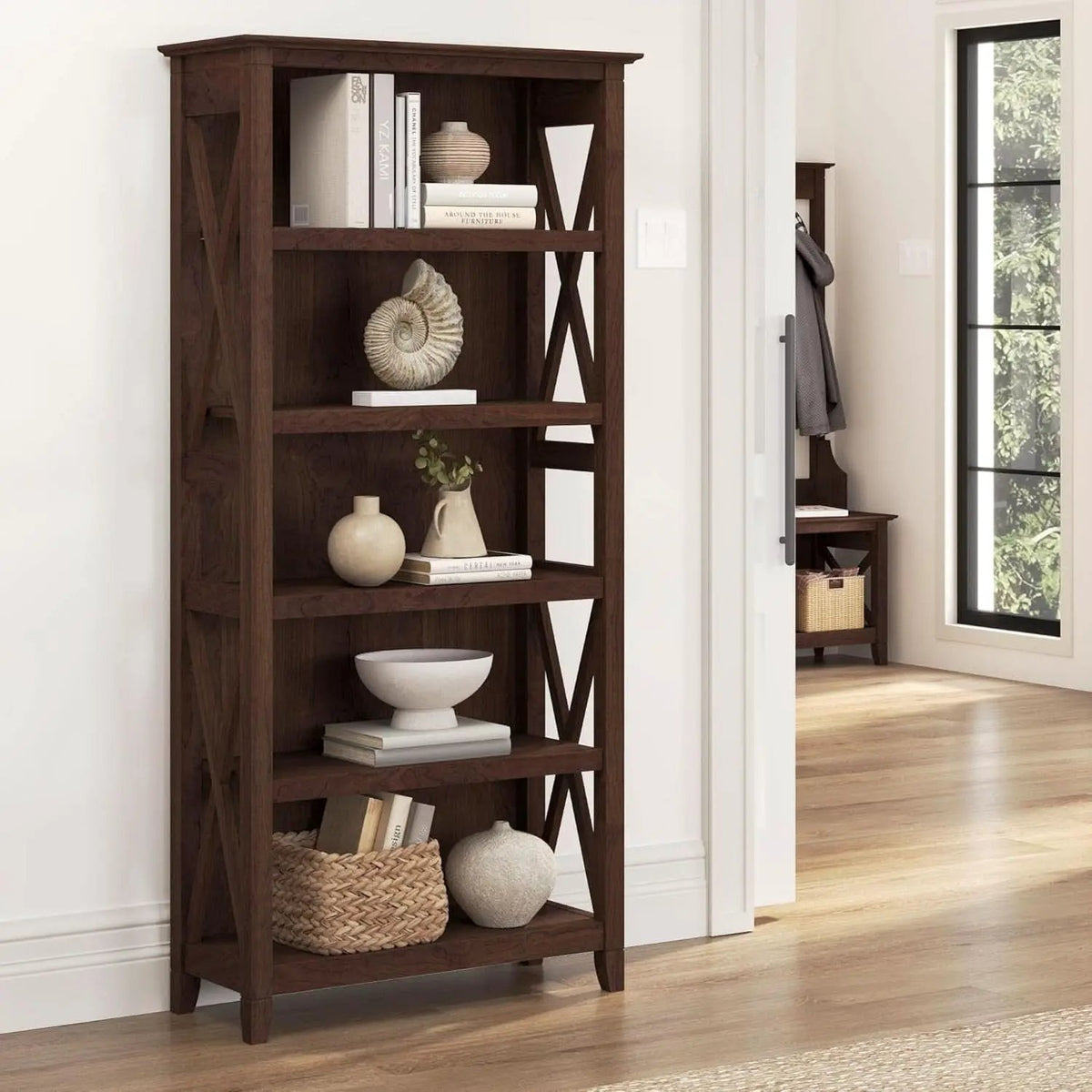 Bush Furniture Tall 5 Shelf Bookcase Bing Cherry Finish from PriceLows™