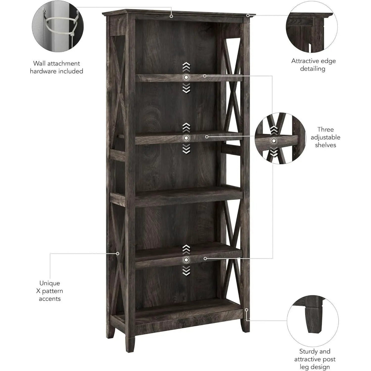 Bush Furniture Tall 5 Shelf Bookcase Dark Gray Hickory from PriceLows™