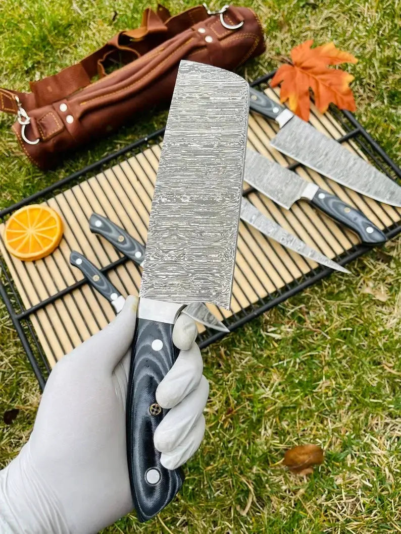 Luxury Custom Handmade Damascus Steel 5 Piece Kitchen Knife Set with G10 Handle | 5-Piece | Damascus Steel | Kitchen Knives Set