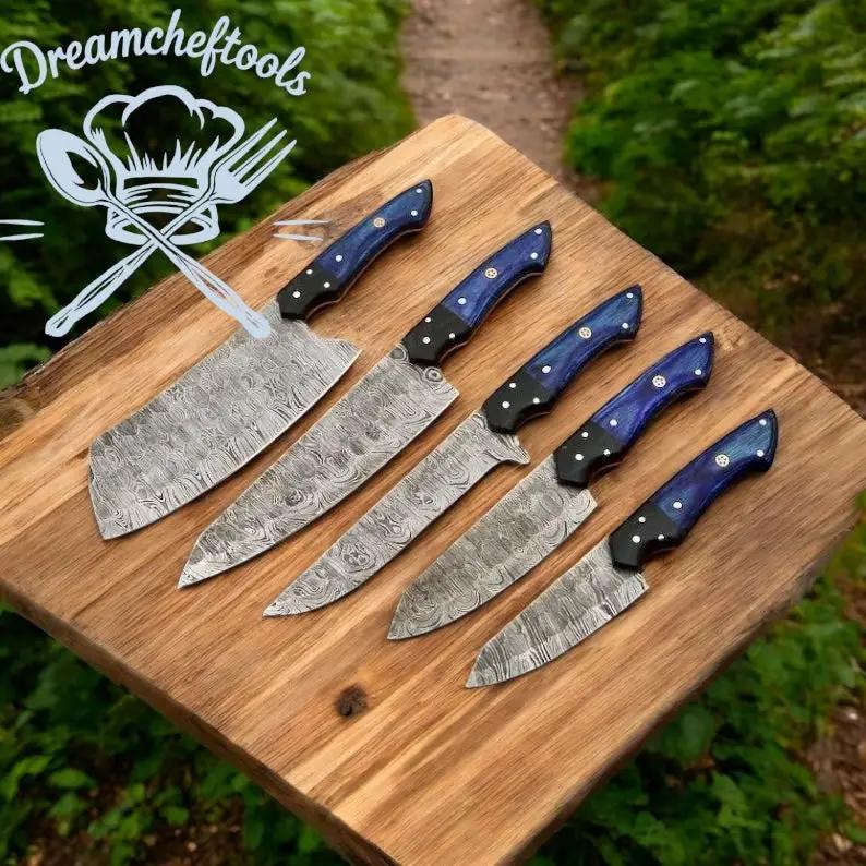 Knife Sets for Kitchen – 13” Handmade Damascus Steel Chef Knife with Pakkawood Handle, Resin Bolster & Leather Sheath from PriceLows™
