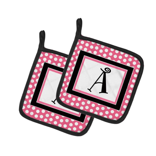Pot Holder Set of 2 | Heat Resistant Quilted Hot Pads | 7.5 x 7.5 Inch | Letter A Monogram - Pink Black Polka Dots