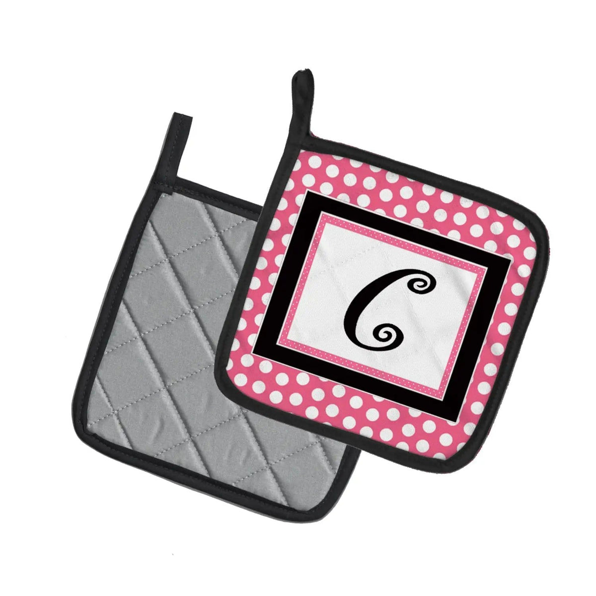 Pot Holder Set of 2 | Heat Resistant Quilted Hot Pads | 7.5 x 7.5 Inch | Letter C Monogram - Pink Black Polka Dots