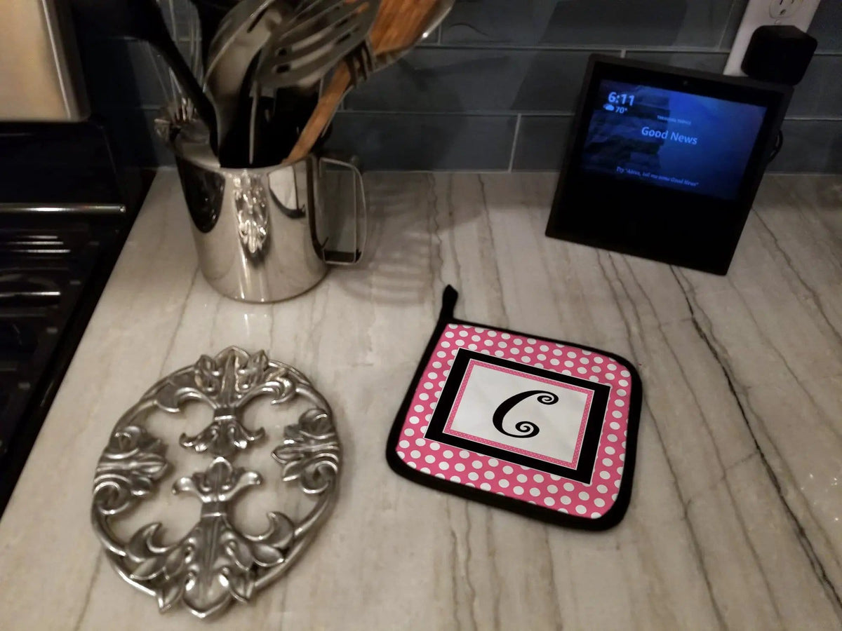 Pot Holder Set of 2 | Heat Resistant Quilted Hot Pads | 7.5 x 7.5 Inch | Letter C Monogram - Pink Black Polka Dots