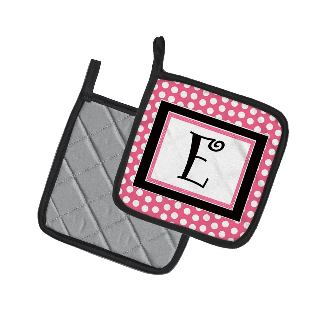 Pot Holder Set of 2 | Heat Resistant Quilted Hot Pads | 7.5 x 7.5 Inch | Letter E Monogram - Pink Black Polka Dots