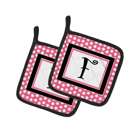 Pot Holder Set of 2 | Heat Resistant Quilted Hot Pads | 7.5 x 7.5 Inch | Letter F Monogram - Pink Black Polka Dots