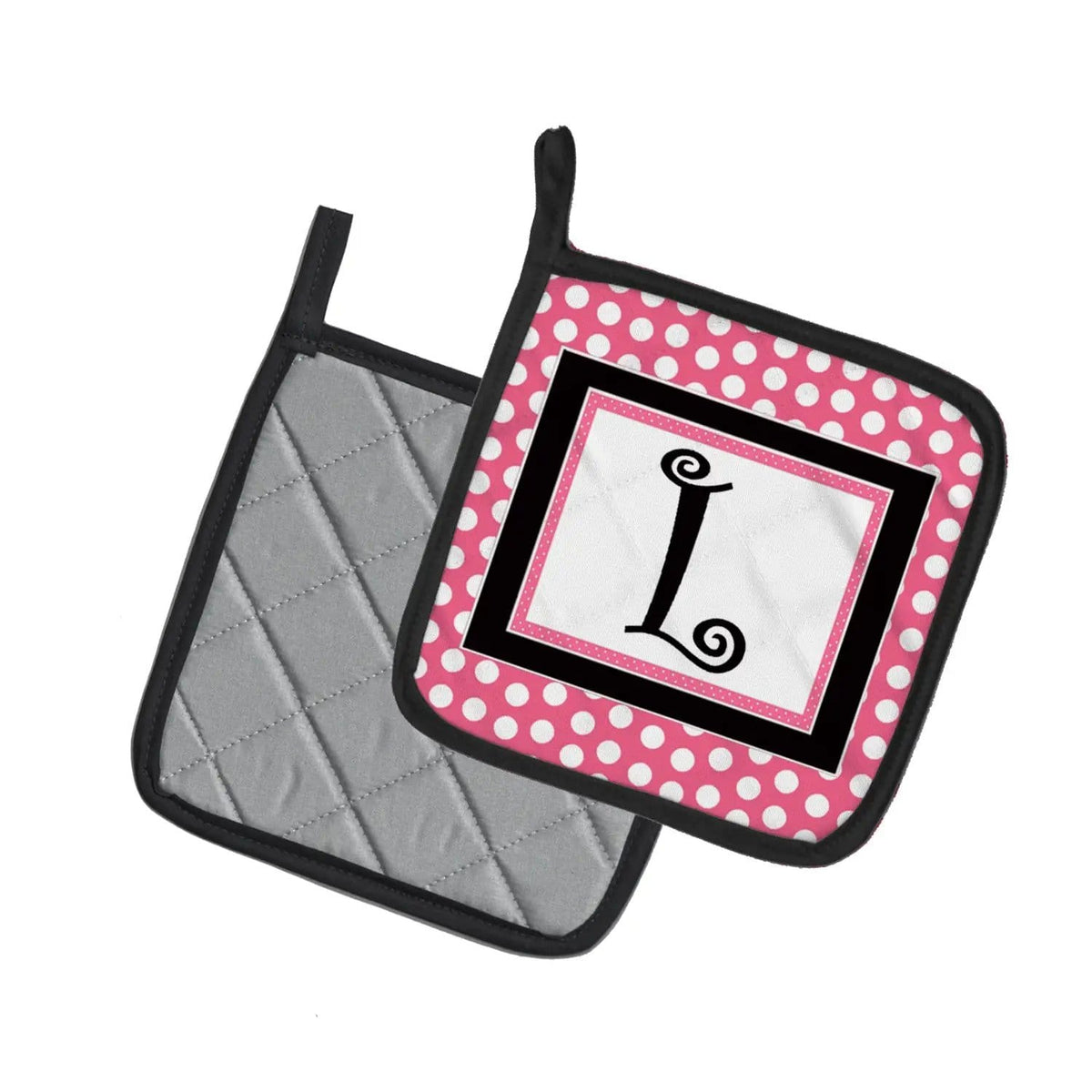 Pot Holder Set of 2 | Heat Resistant Quilted Hot Pads | 7.5 x 7.5 Inch | Letter L Monogram - Pink Black Polka Dots