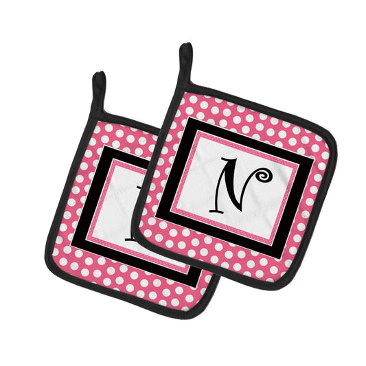 Pot Holder Set of 2 | Heat Resistant Quilted Hot Pads | 7.5 x 7.5 Inch | Letter N Monogram - Pink Black Polka Dots