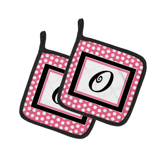 Pot Holder Set of 2 | Heat Resistant Quilted Hot Pads | 7.5 x 7.5 Inch | Letter O Monogram - Pink Black Polka Dots