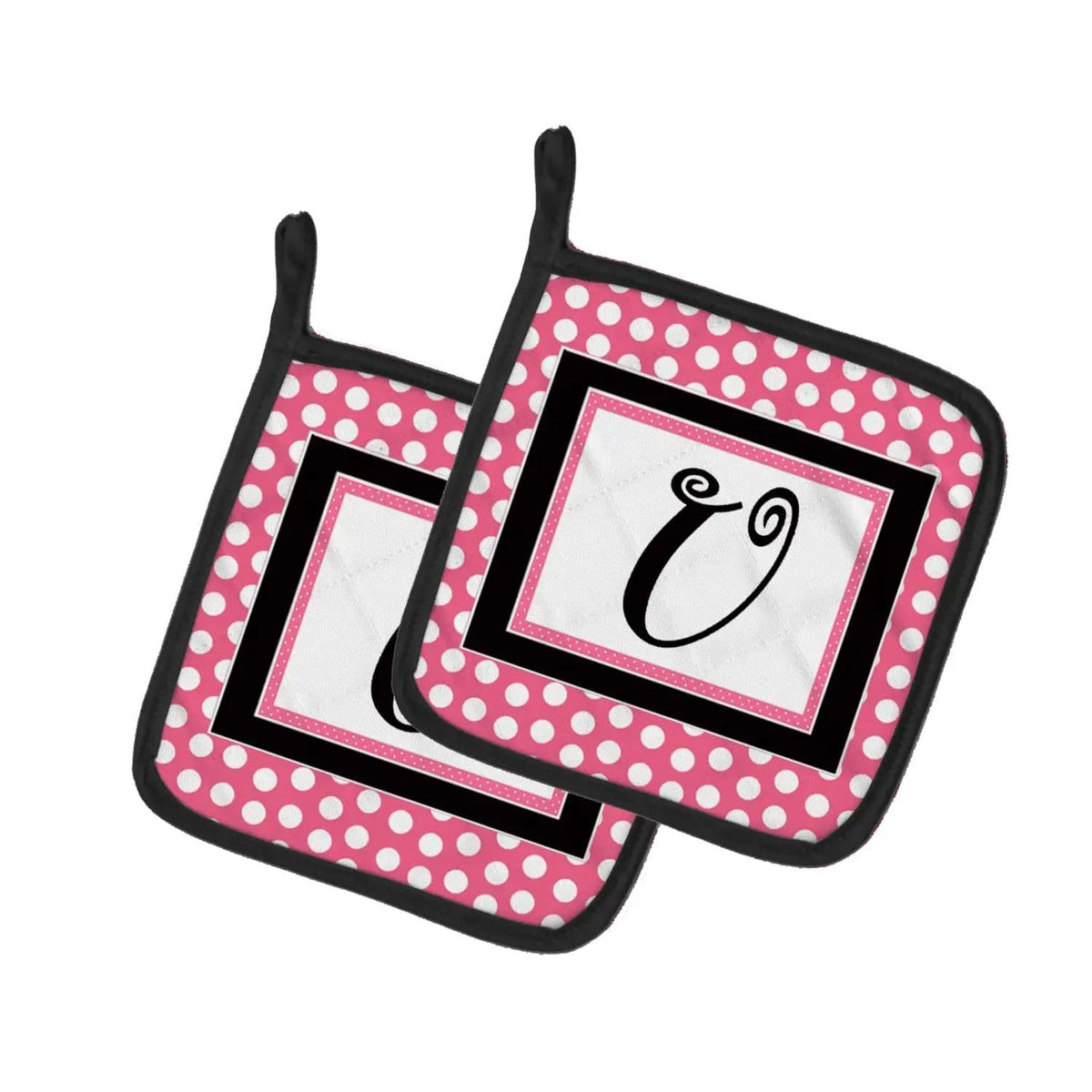 Pot Holder Set of 2 | Heat Resistant Quilted Hot Pads | 7.5 x 7.5 Inch | Letter U Monogram - Pink Black Polka Dots