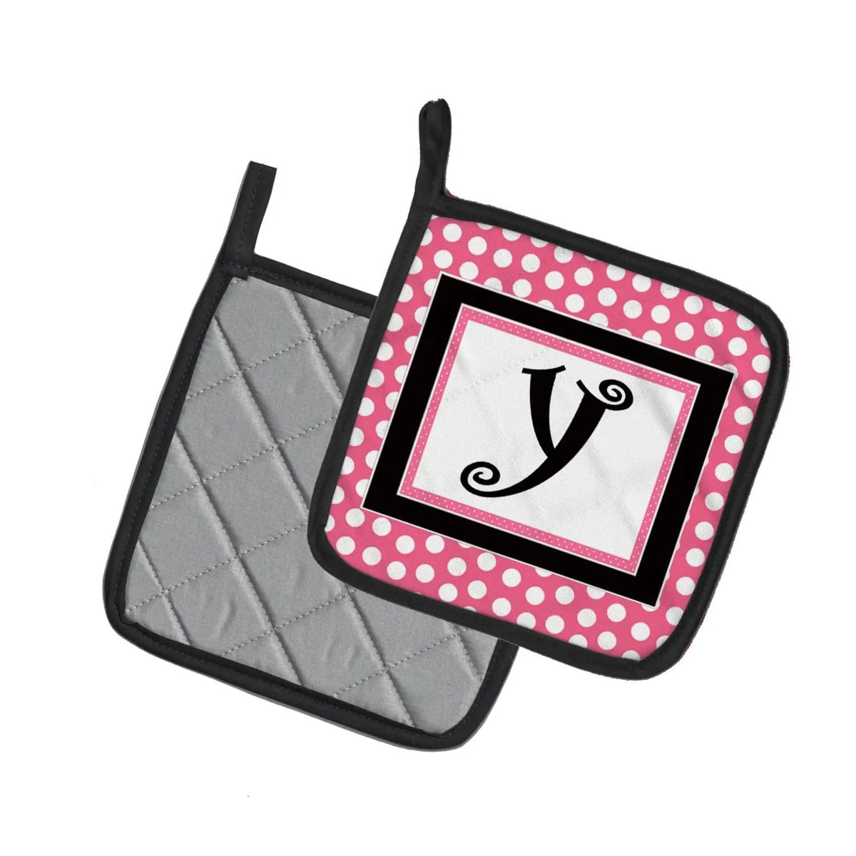Pot Holder Set of 2 | Heat Resistant Quilted Hot Pads | 7.5 x 7.5 Inch | Letter Y Monogram - Pink Black Polka Dots
