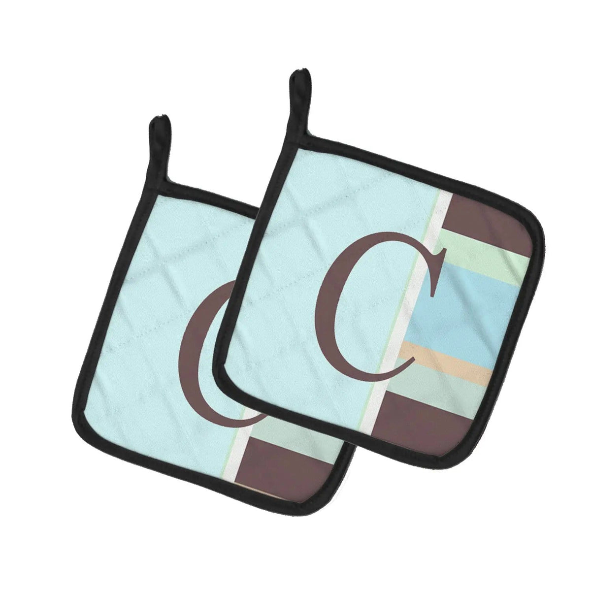 Pot Holder Set of 2 | Heat Resistant Quilted Hot Pads | 7.5 x 7.5 Inch | Letter C Initial Monogram - Blue Stripes