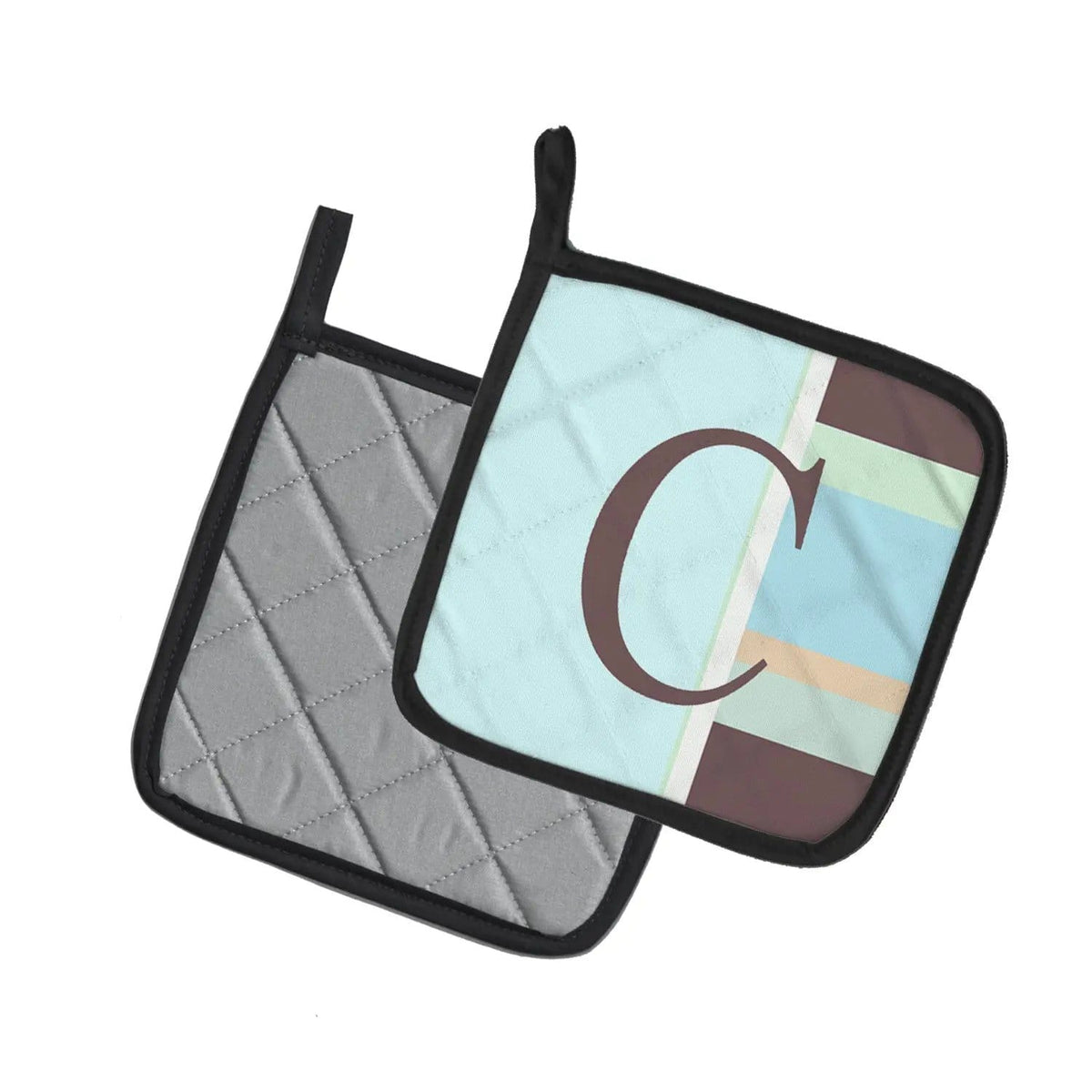 Pot Holder Set of 2 | Heat Resistant Quilted Hot Pads | 7.5 x 7.5 Inch | Letter C Initial Monogram - Blue Stripes
