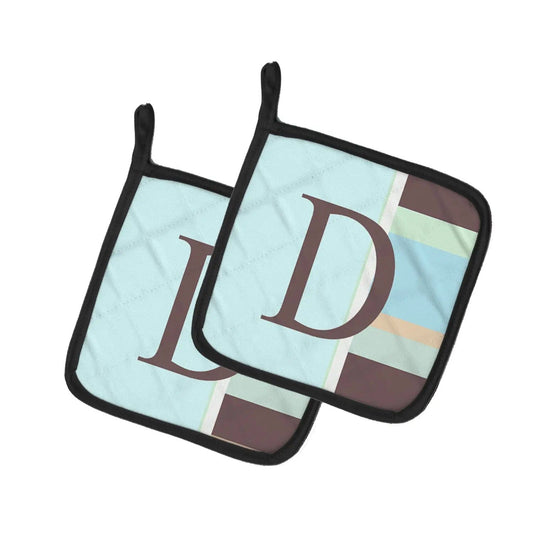 Pot Holder Set of 2 | Heat Resistant Quilted Hot Pads | 7.5 x 7.5 Inch | Letter D Initial Monogram - Blue Stripes