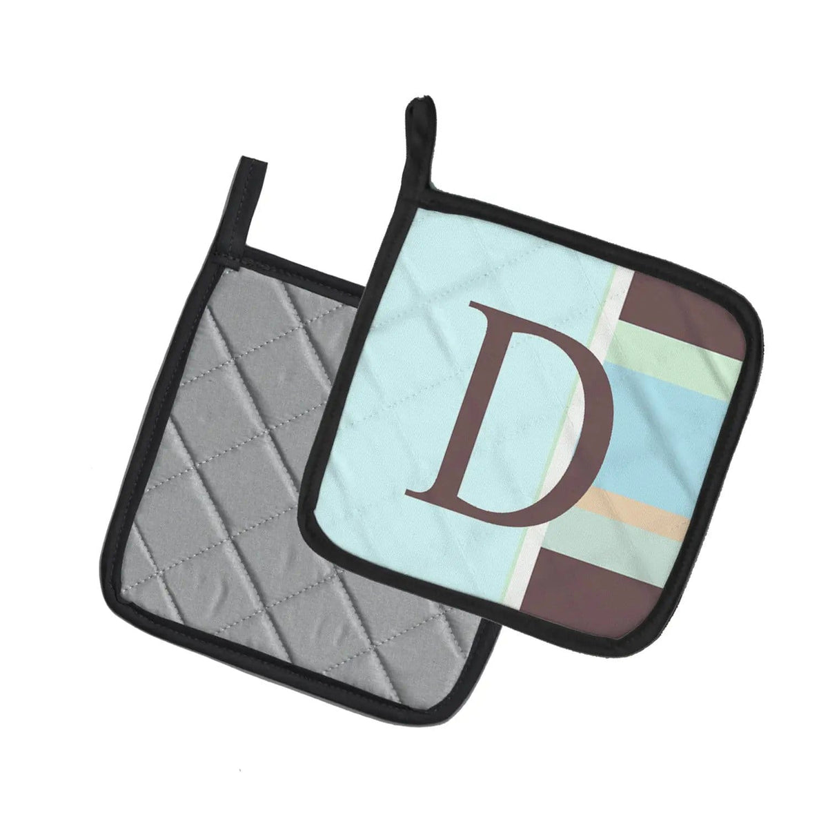 Pot Holder Set of 2 | Heat Resistant Quilted Hot Pads | 7.5 x 7.5 Inch | Letter D Initial Monogram - Blue Stripes